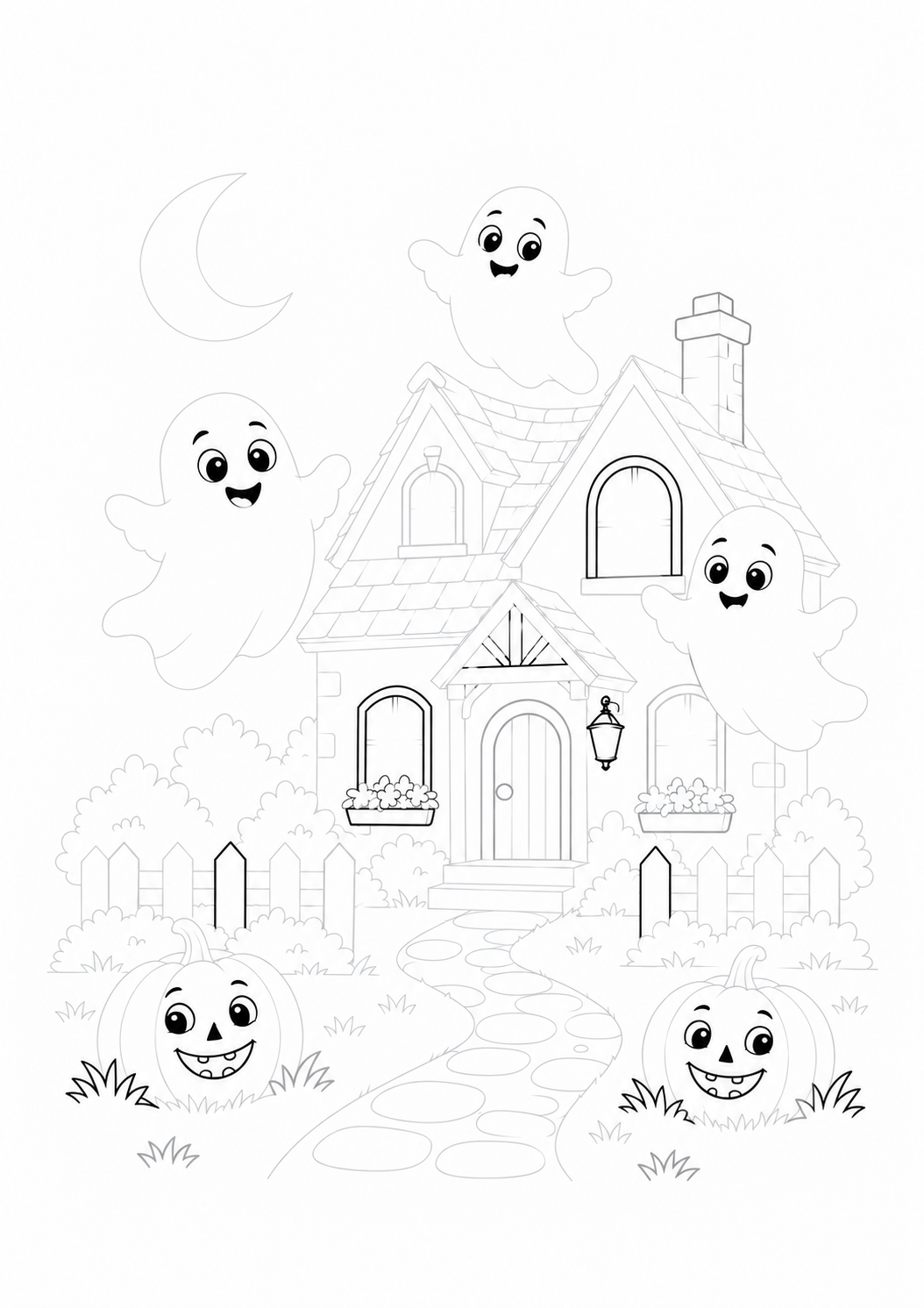 Friendly Ghosts in a Garden by an Old House: LV3 tracing worksheet with thin gray guide lines for ages 7–9, free to print on A4 paper.