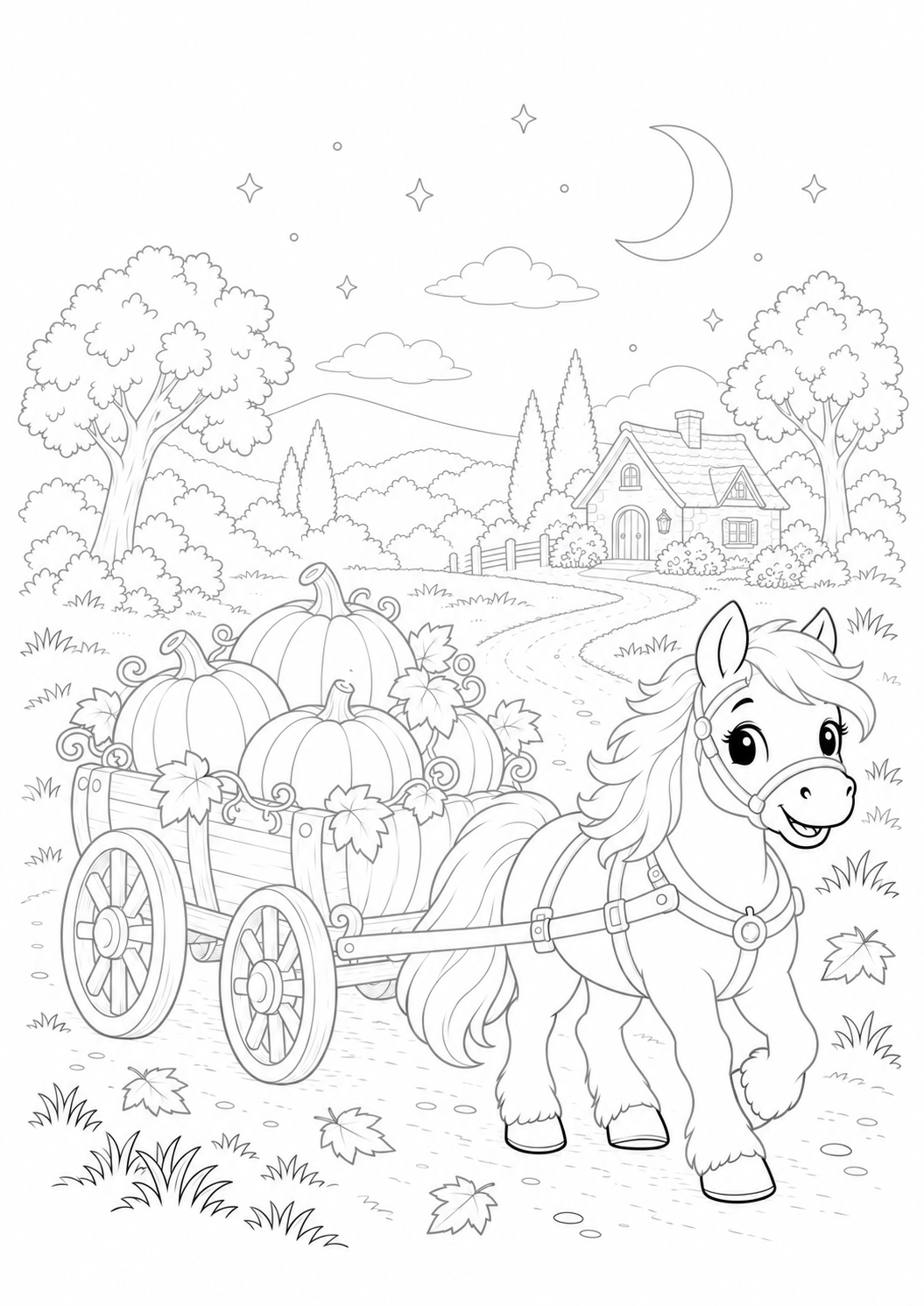 Pony Pulling a Pumpkin Wagon: LV3 tracing worksheet with thin gray guide lines for ages 7–9, free to print on A4 paper.