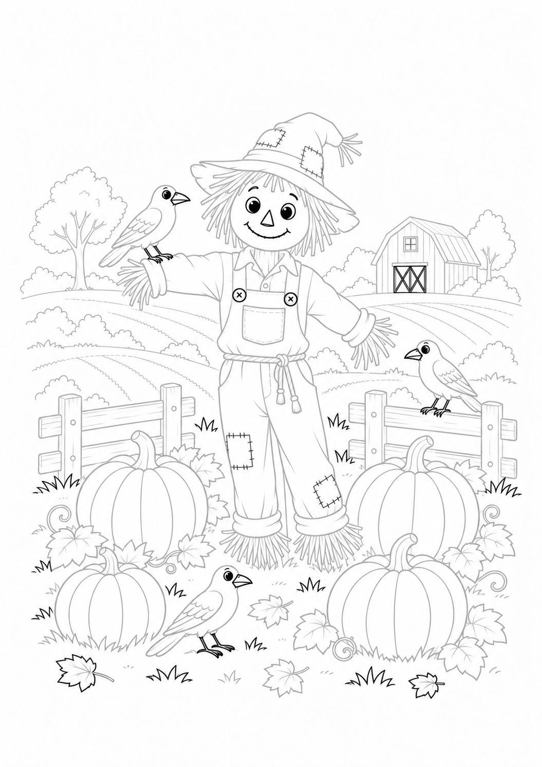 Scarecrow with Crows in a Pumpkin Field: LV3 tracing worksheet with thin gray guide lines for ages 7–9, free to print on A4 paper.