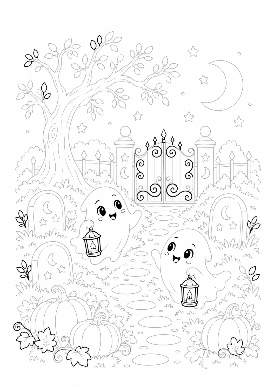 Friendly Halloween Cemetery with Ghosts: LV3 tracing worksheet with thin gray guide lines for ages 7–9, free to print on A4 paper.