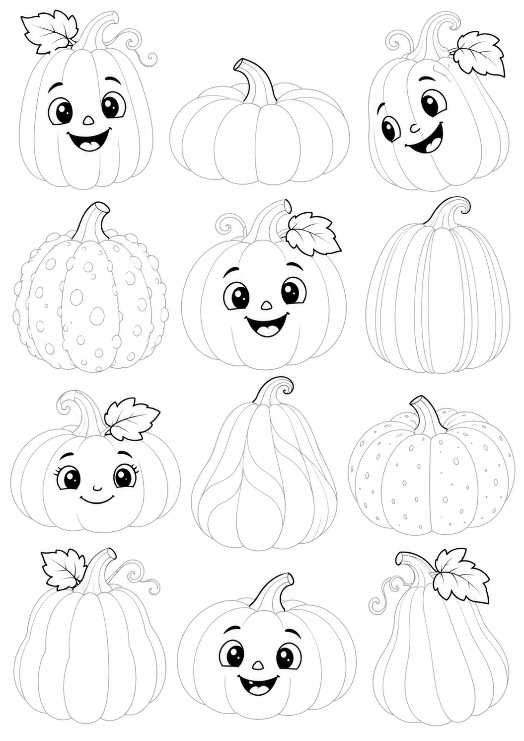 Twelve Different Halloween Pumpkins: LV3 tracing worksheet with thin gray guide lines for ages 7–9, free to print on A4 paper.