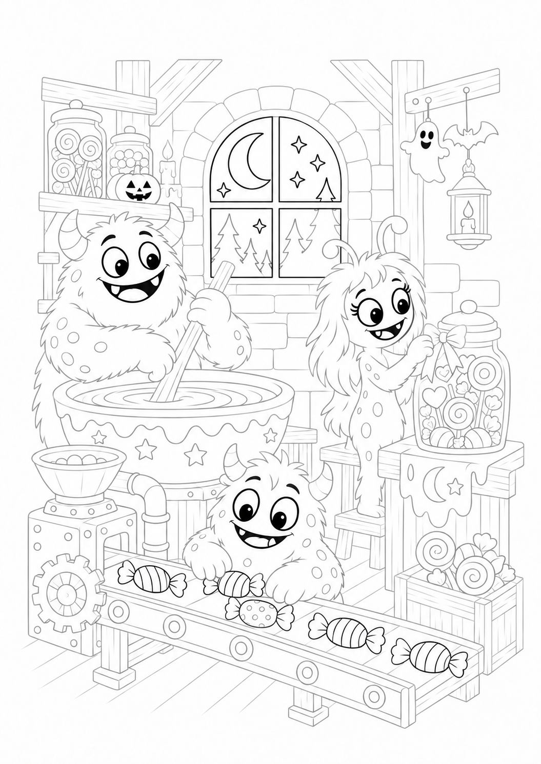 Friendly Monsters in a Halloween Candy Workshop: LV3 tracing worksheet with thin gray guide lines for ages 7–9, free to print on A4 paper.
