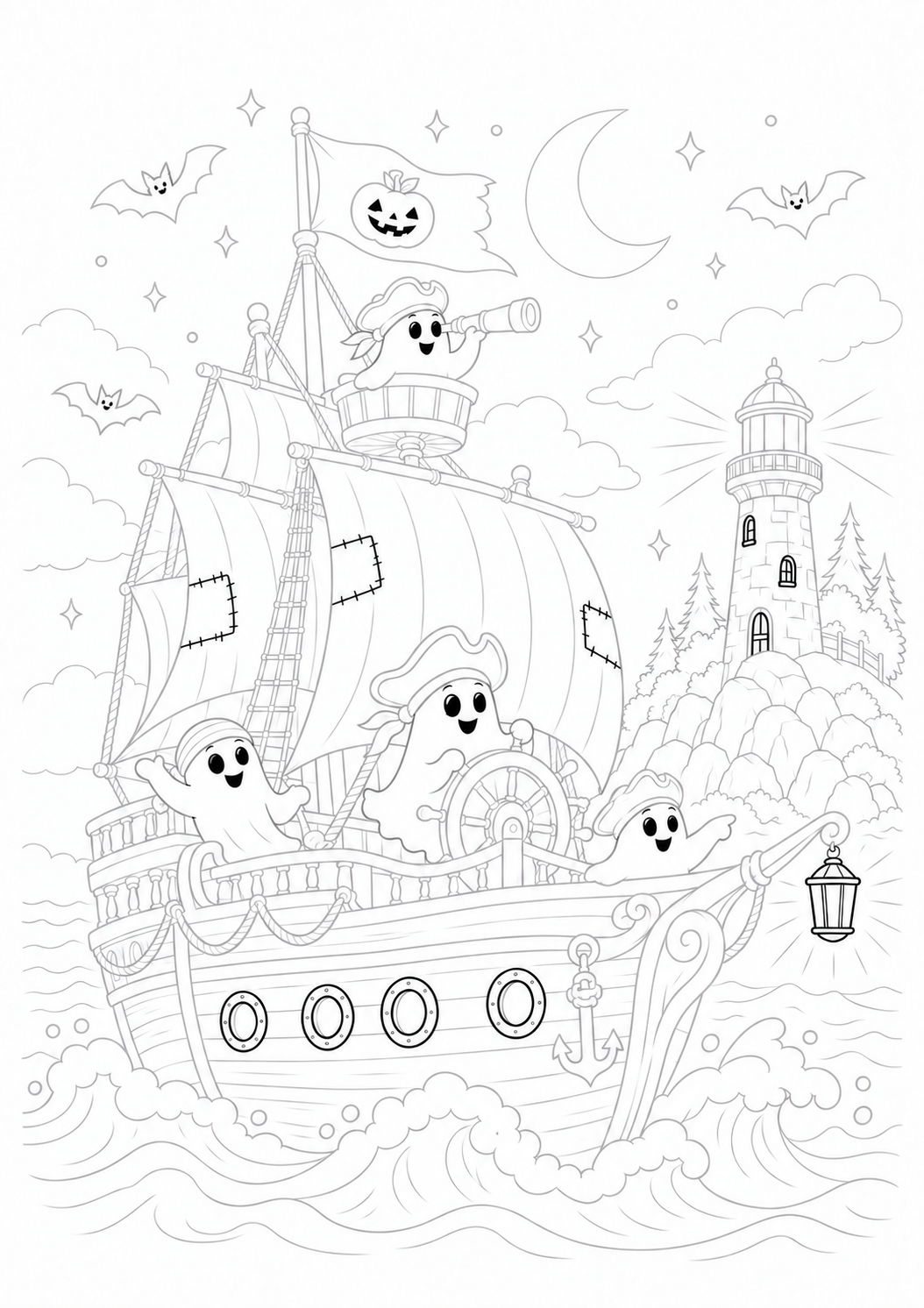Ghost Pirate Ship by a Lighthouse: LV3 tracing worksheet with thin gray guide lines for ages 7–9, free to print on A4 paper.