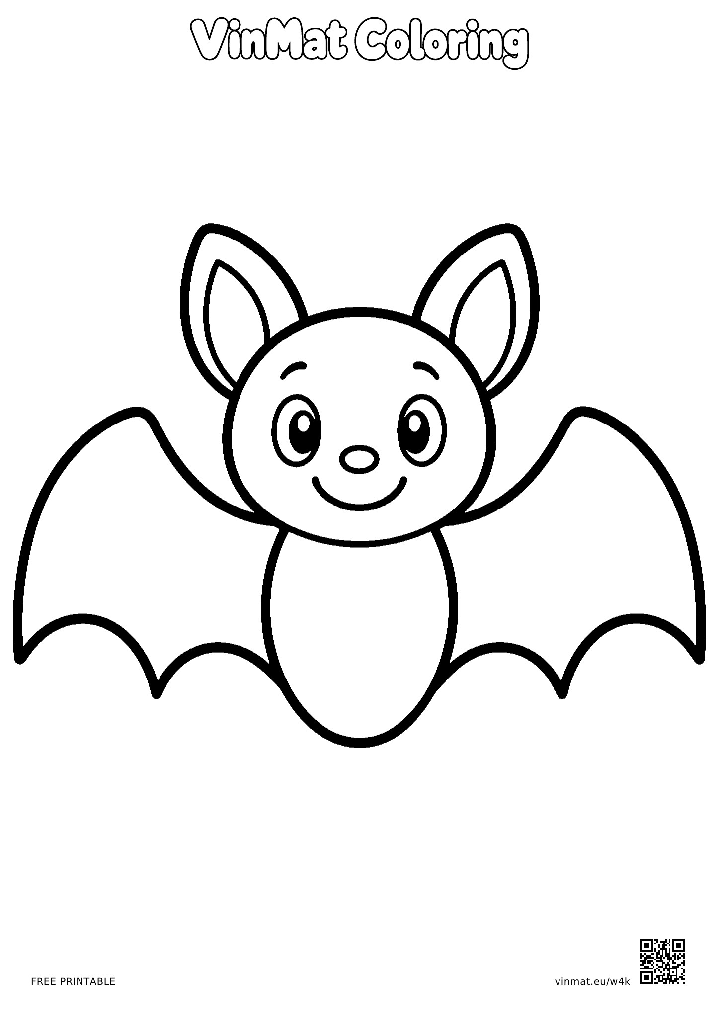 Bat with Spread Wings: simple black-and-white LV1 coloring page for children ages 3–4, free to print on A4 paper.