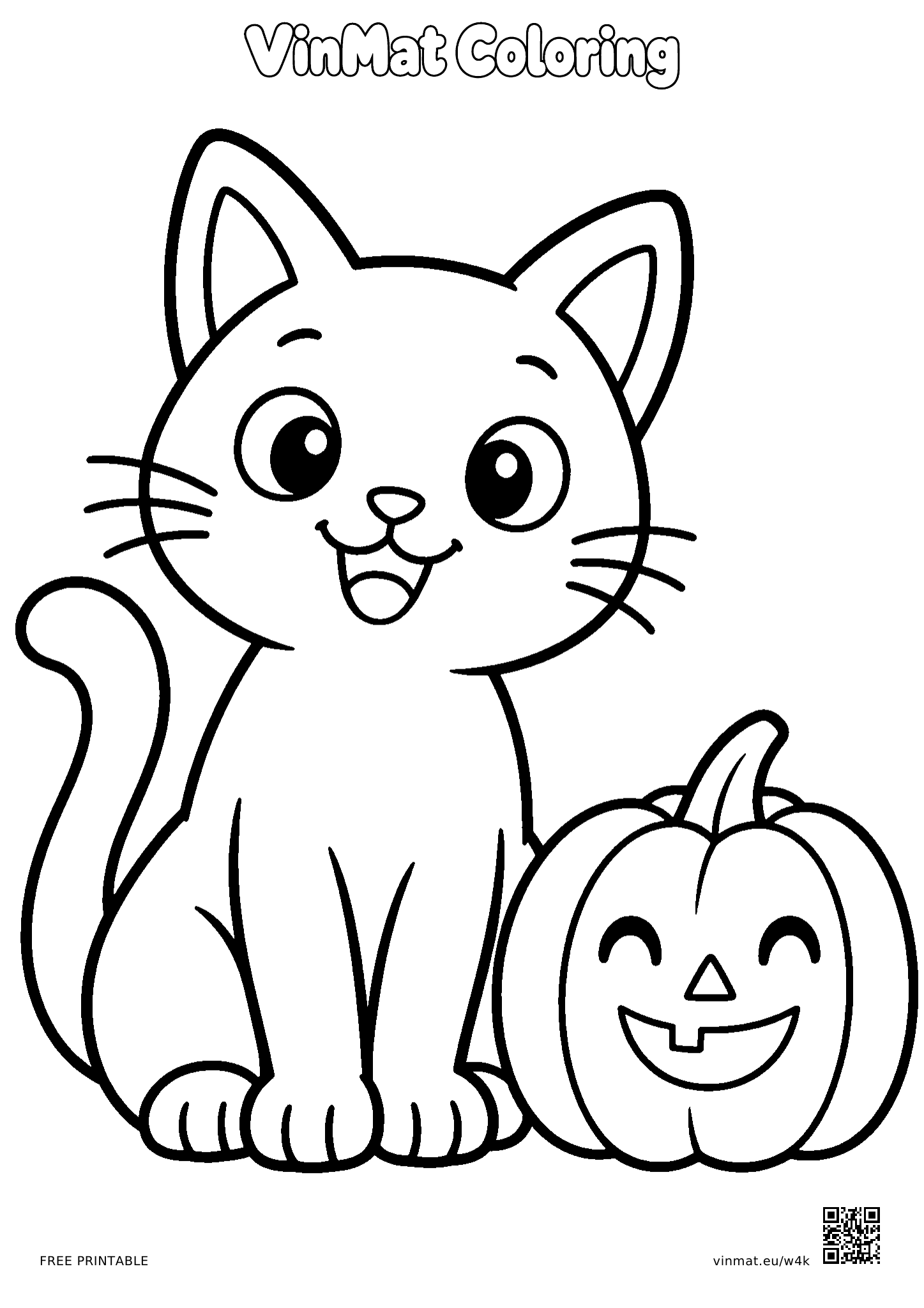 Cat with a Halloween Pumpkin: black-and-white LV1 coloring page for ages 3–4, free to print on A4 paper.