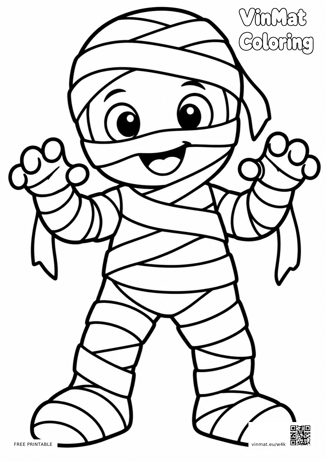 Friendly Mummy: black-and-white LV1 coloring page for ages 3–4, free to print on A4 paper.