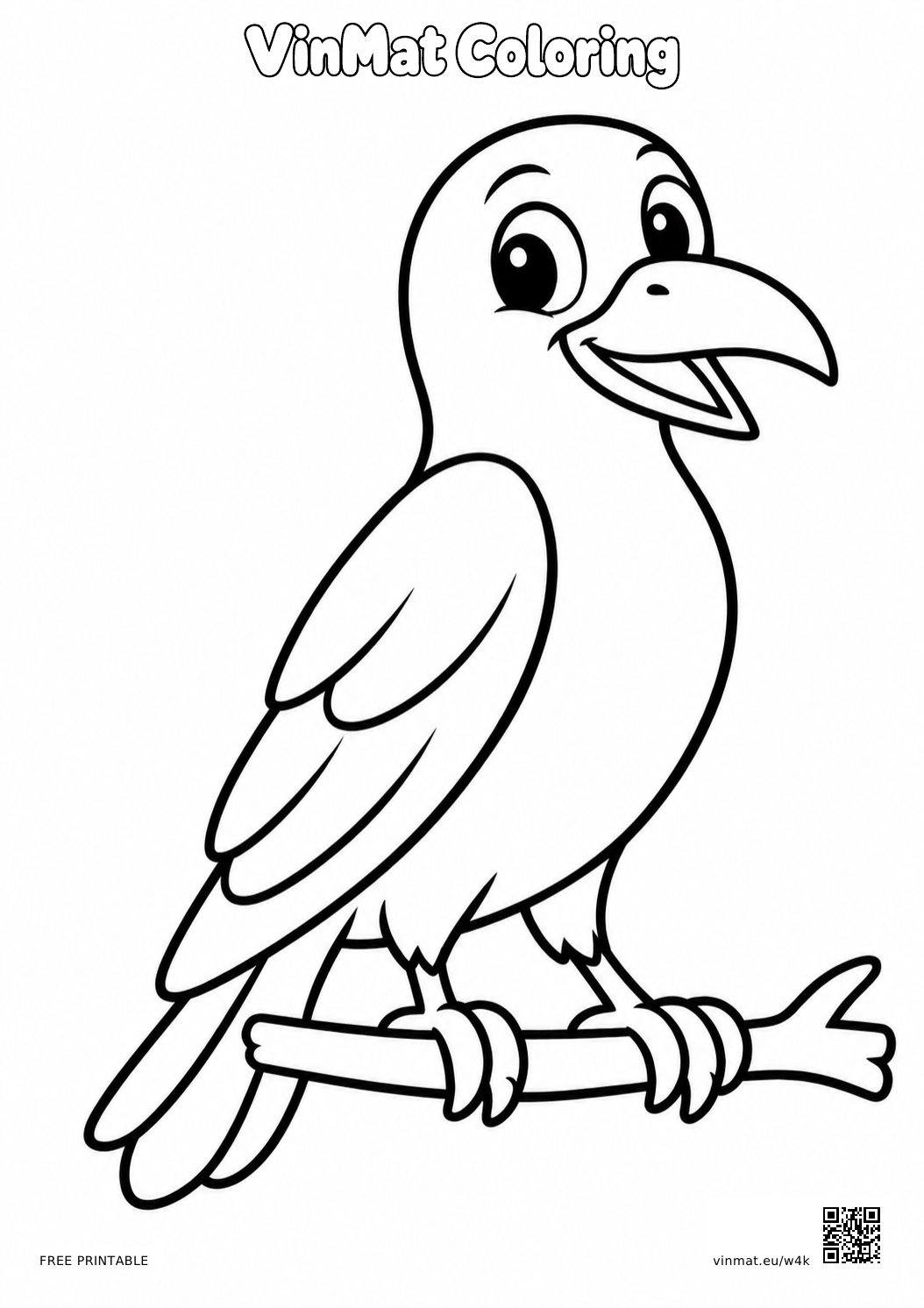 Friendly Raven: black-and-white LV1 coloring page for ages 3–4, free to print on A4 paper.