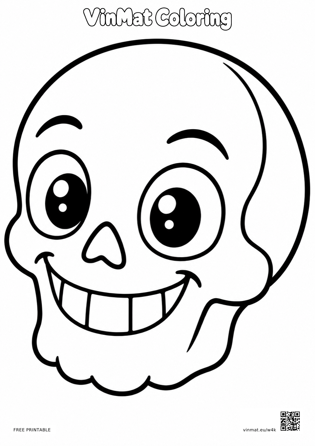 Friendly Cartoon Skull: black-and-white LV1 coloring page for ages 3–4, free to print on A4 paper.