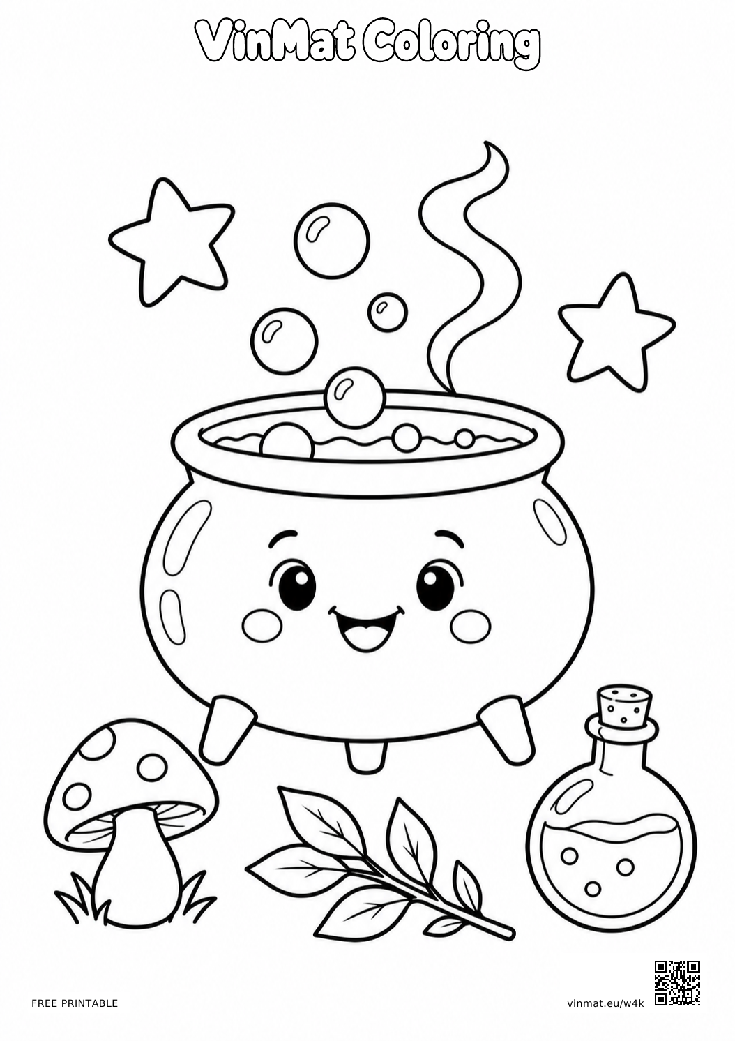 Witch Cauldron with Bubbles: black-and-white LV2 coloring page for ages 5–6, free to print on A4 paper.