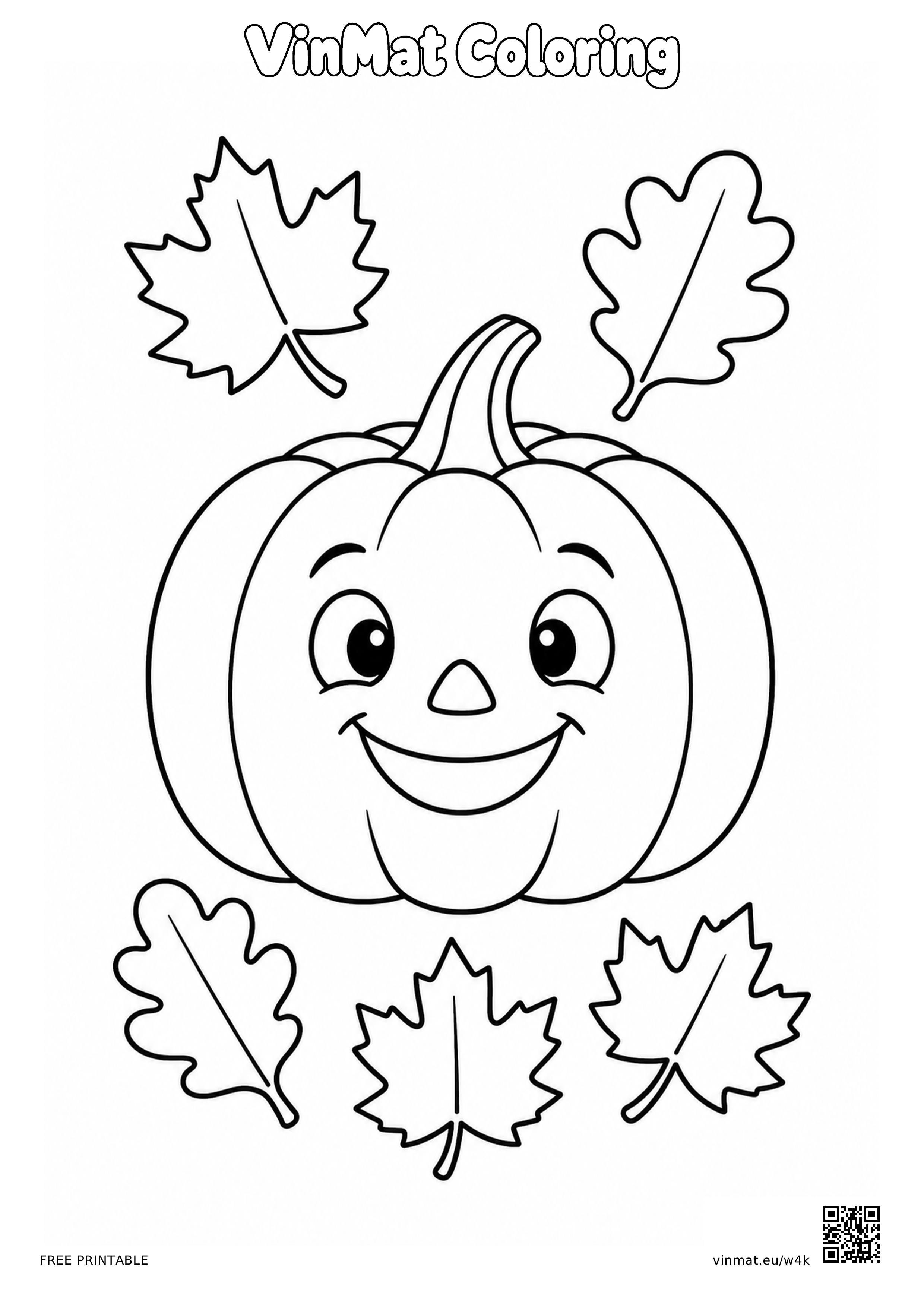 Pumpkin with Autumn Leaves: black-and-white LV2 coloring page for ages 5–6, free to print on A4 paper.