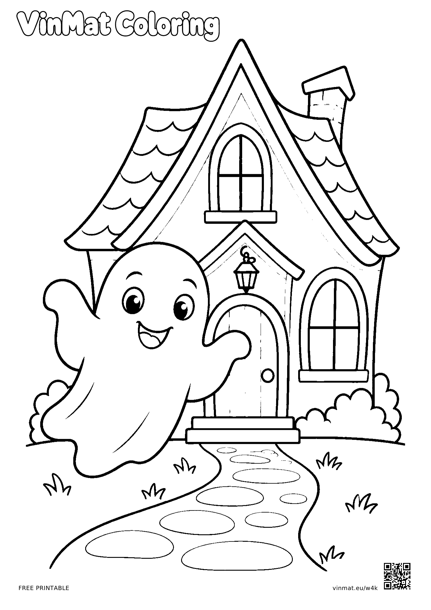 Ghost in Front of a Haunted House: black-and-white LV2 coloring page for ages 5–6, free to print on A4 paper.