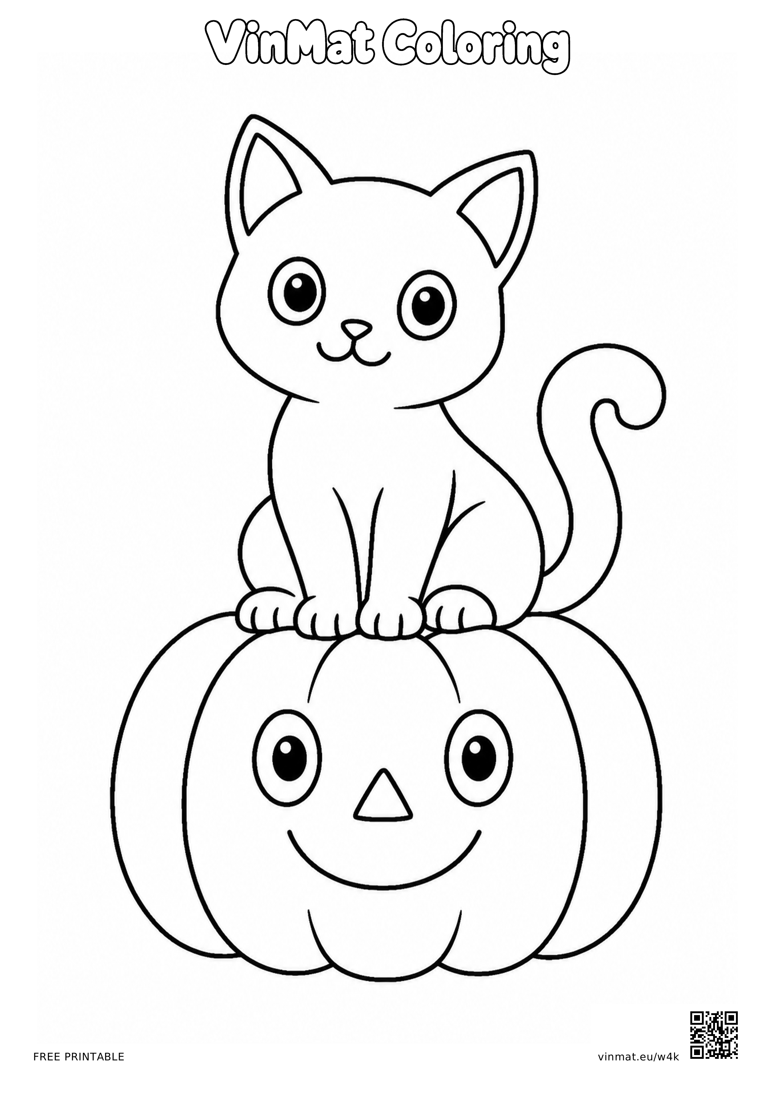 Cat Sitting on a Pumpkin: black-and-white LV2 coloring page for ages 5–6, free to print on A4 paper.