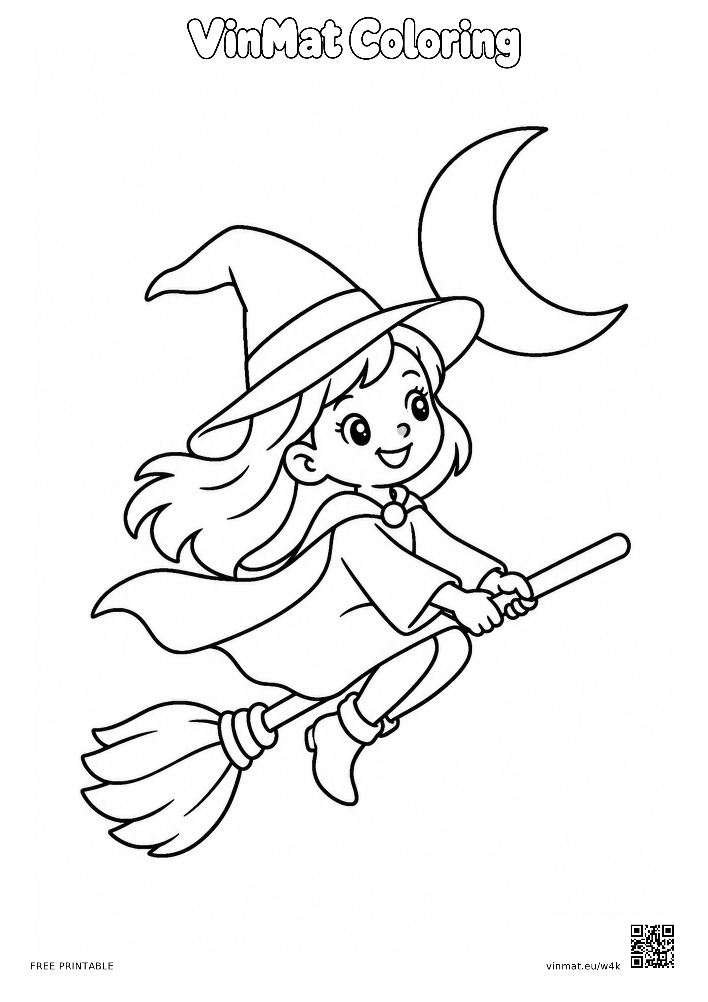 Witch with a Broom and Moon: black-and-white LV2 coloring page for ages 5–6, free to print on A4 paper.