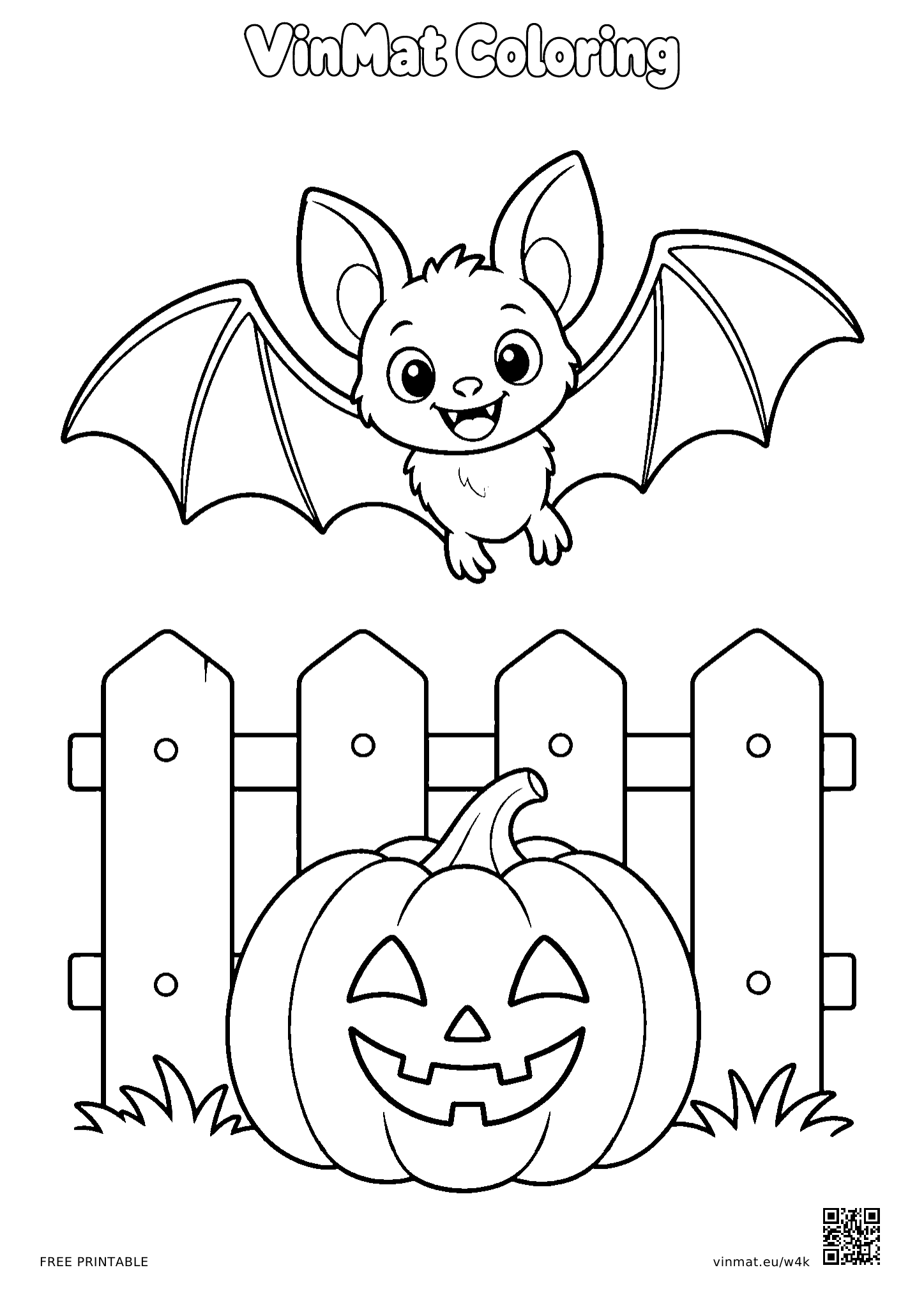Bat Flying over a Fence with a Carved Pumpkin: black-and-white LV2 coloring page for ages 5–6, free to print on A4 paper.