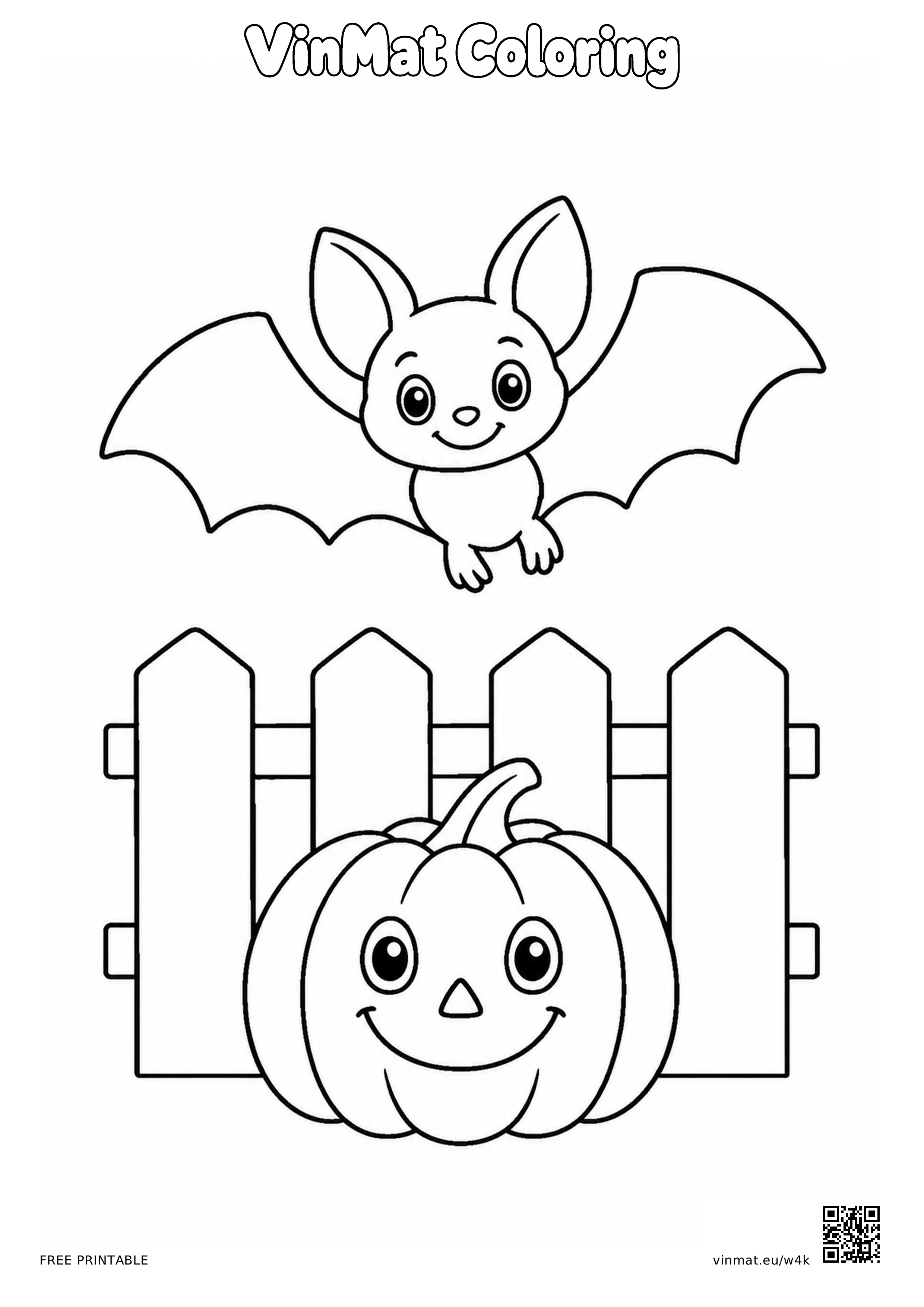 Bat Flying over a Fence with a Pumpkin: black-and-white LV2 coloring page for ages 5–6, free to print on A4 paper.