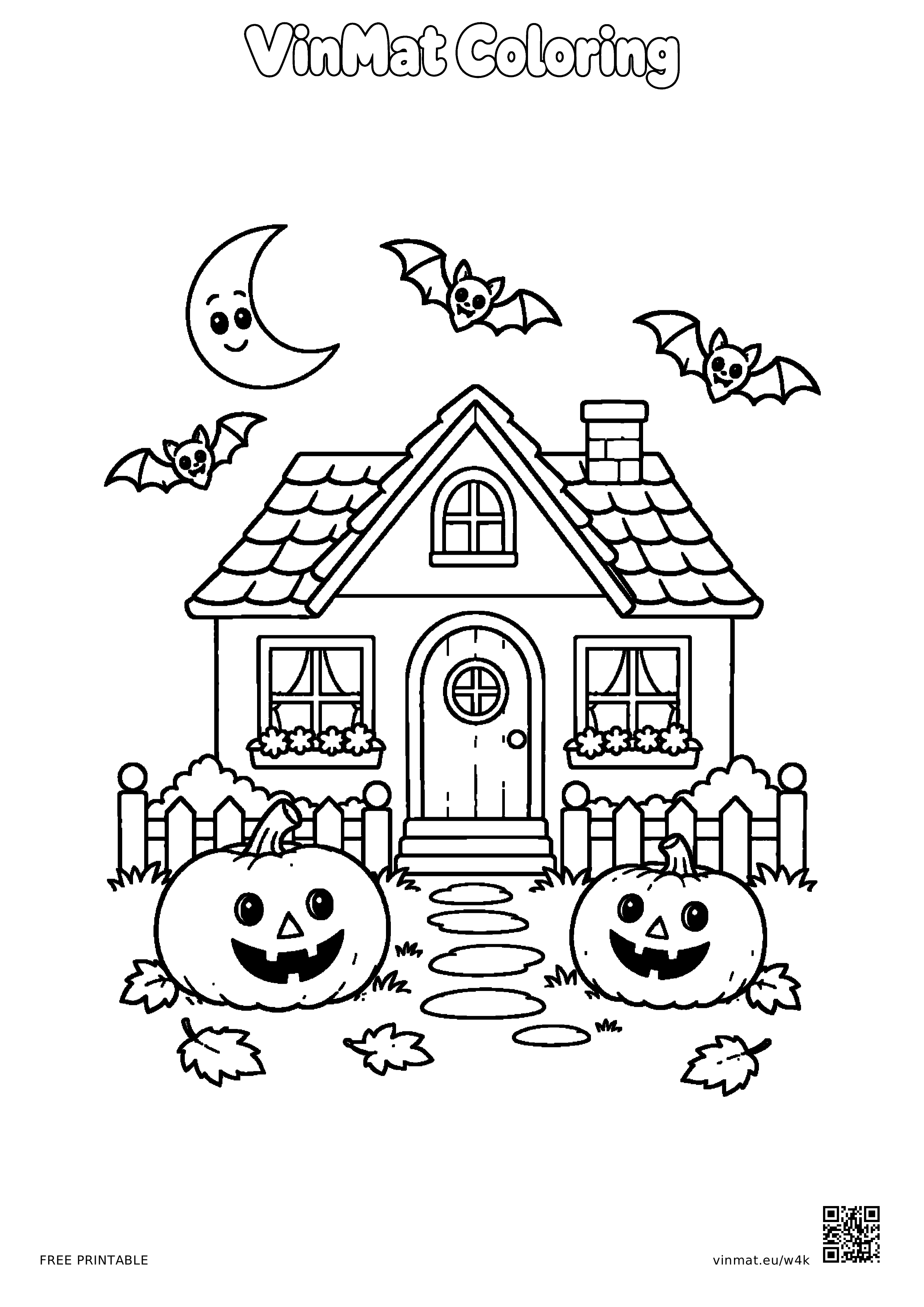 Halloween House with Pumpkins and Bats: black-and-white LV2 coloring page for ages 5–6, free to print on A4 paper.
