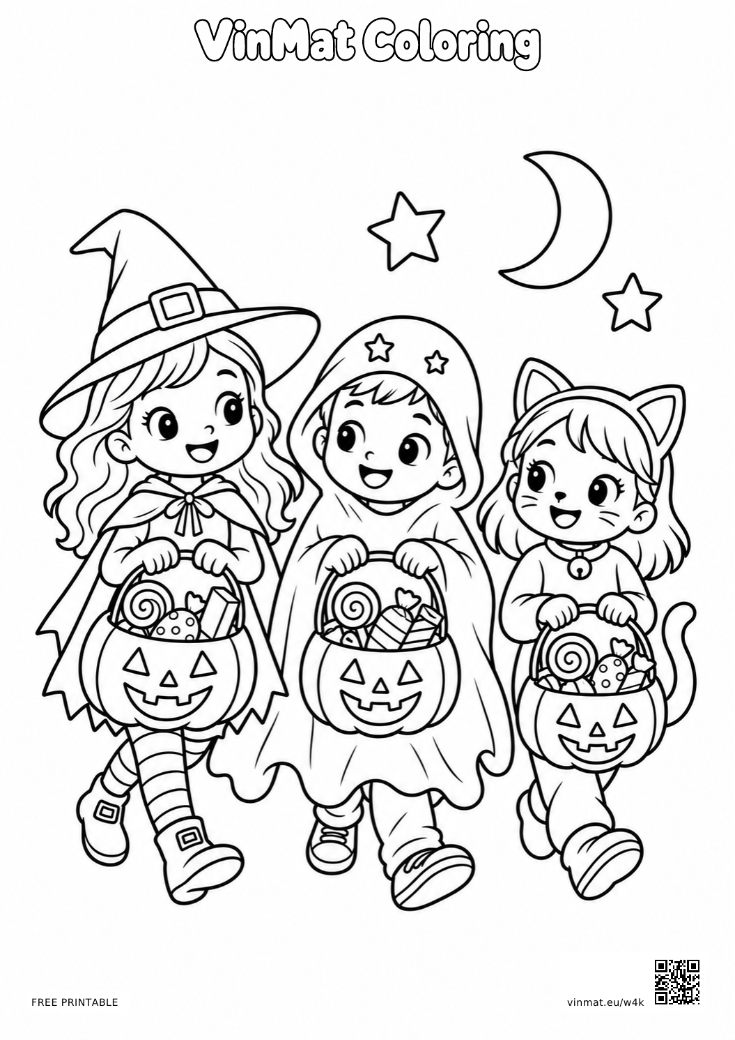 Children Trick-or-Treating: black-and-white LV2 coloring page for ages 5–6, free to print on A4 paper.