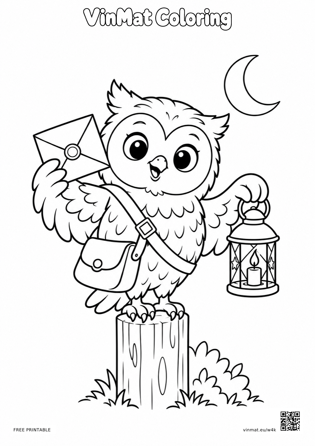 Owl Mail Carrier with a Letter and Lantern: black-and-white LV2 coloring page for ages 5–6, free to print on A4 paper.