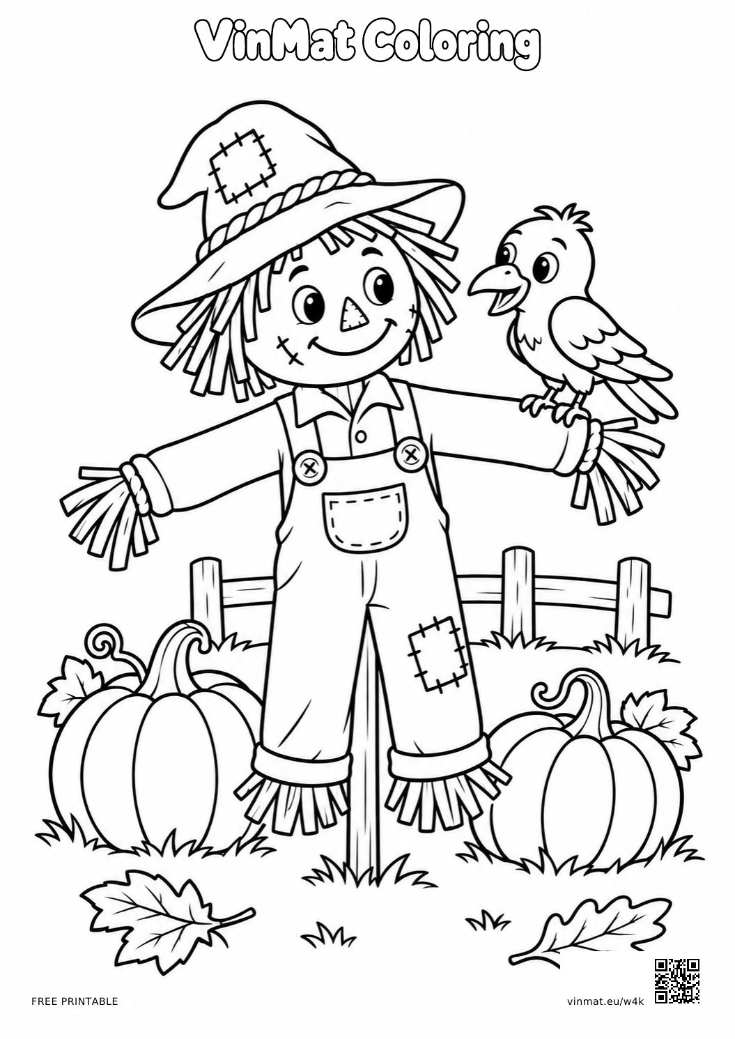 Friendly Scarecrow in a Pumpkin Patch: black-and-white LV2 coloring page for ages 5–6, free to print on A4 paper.