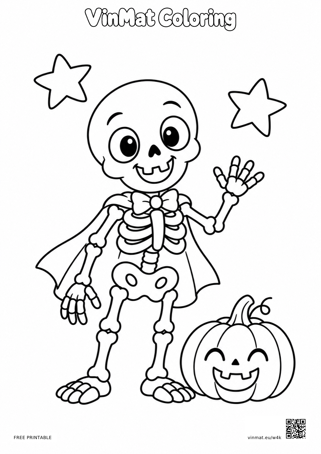 Friendly Skeleton with a Pumpkin: black-and-white LV2 coloring page for ages 5–6, free to print on A4 paper.