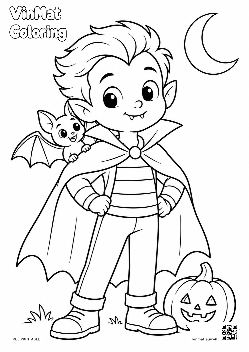 Friendly Vampire with a Bat: black-and-white LV2 coloring page for ages 5–6, free to print on A4 paper.