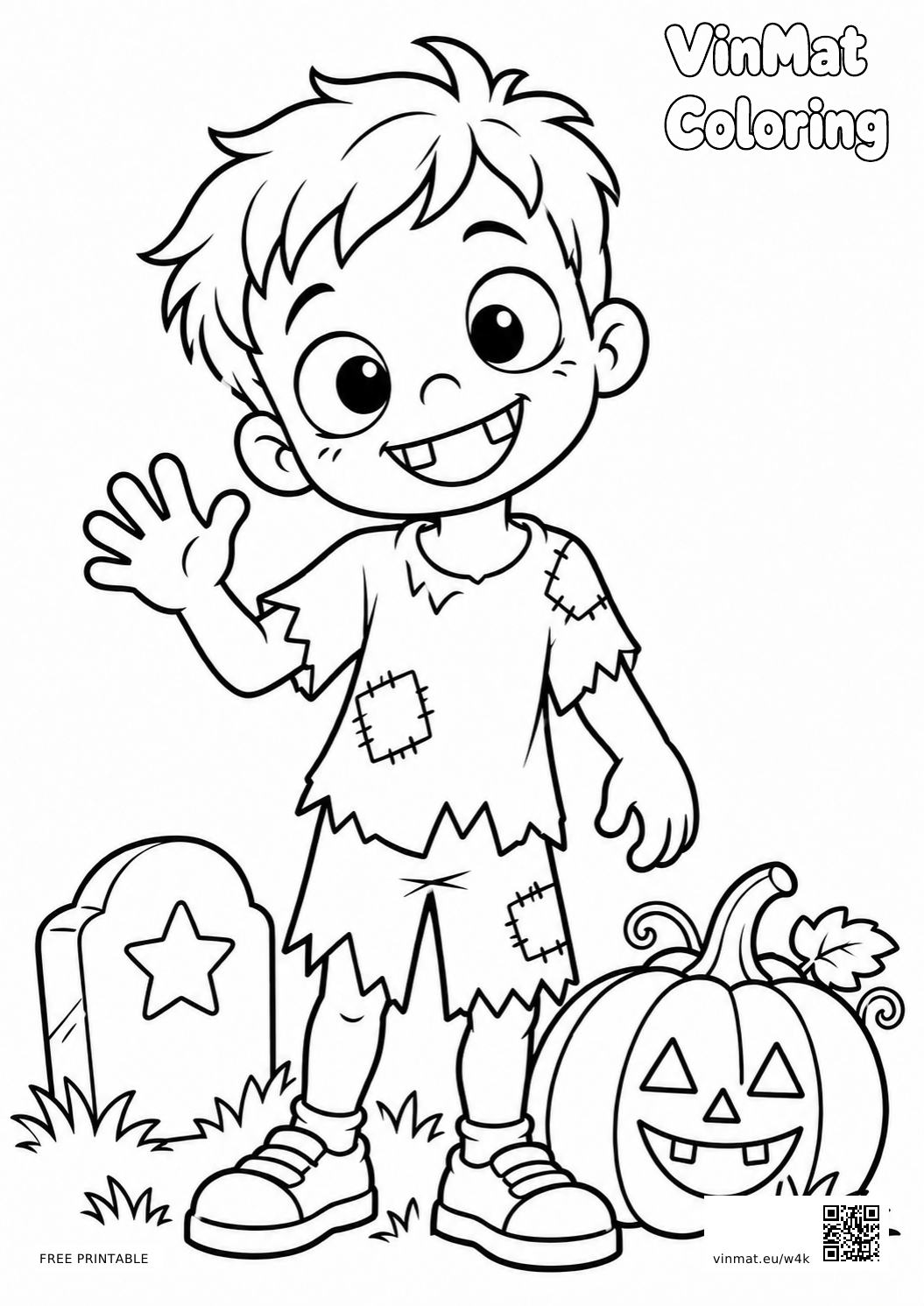 Friendly Zombie with a Pumpkin: black-and-white LV2 coloring page for ages 5–6, free to print on A4 paper.