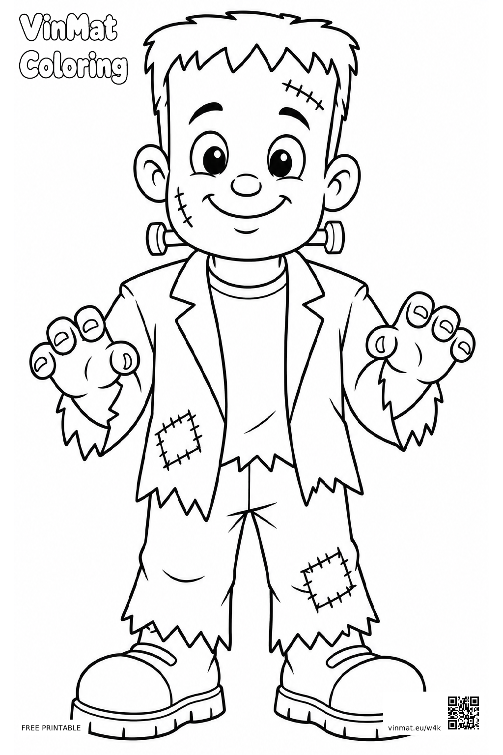 Friendly Frankenstein Monster: black-and-white LV2 coloring page for ages 5–6, free to print on A4 paper.