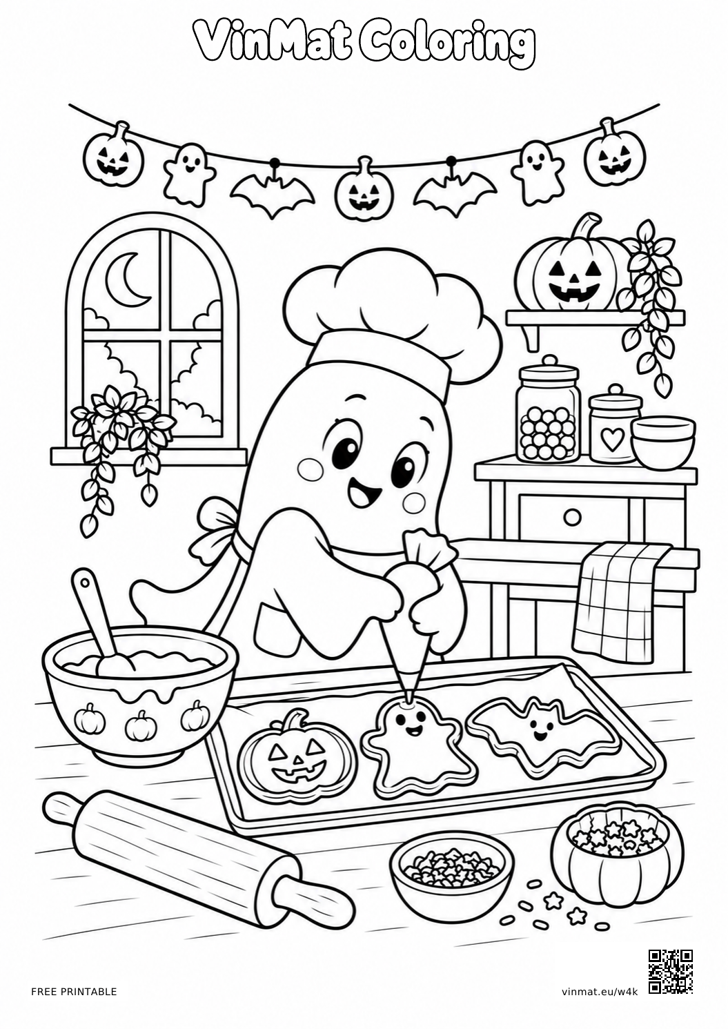 Ghost Baking Halloween Cookies: black-and-white LV2 coloring page for ages 5–6, free to print on A4 paper.