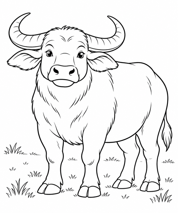 Black-and-white LV2 coloring page of a water buffalo for children ages 5–6, free to print on A4 paper.