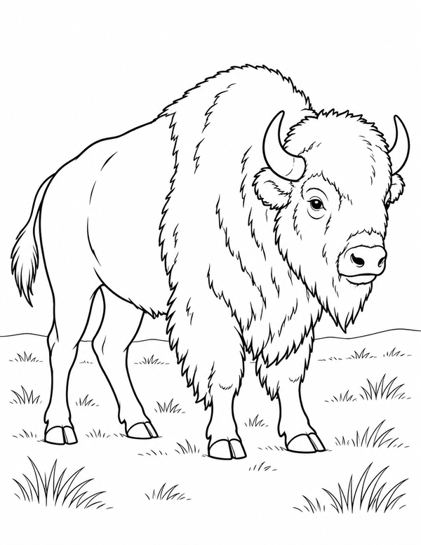 Black-and-white LV2 coloring page of a bison standing in grass for children ages 5–6, free to print on A4 paper.