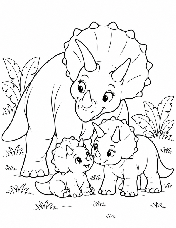 Black-and-white LV2 coloring page of a triceratops mother with her calves for children ages 5–6, free to print on A4 paper.