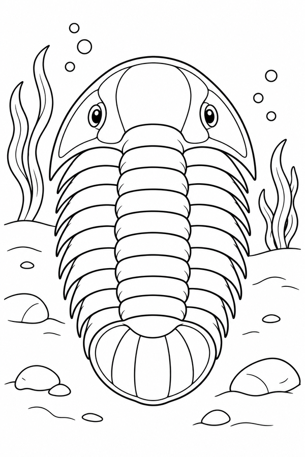 Black-and-white LV2 coloring page of a trilobite on the seafloor for children ages 5–6, free to print on A4 paper.
