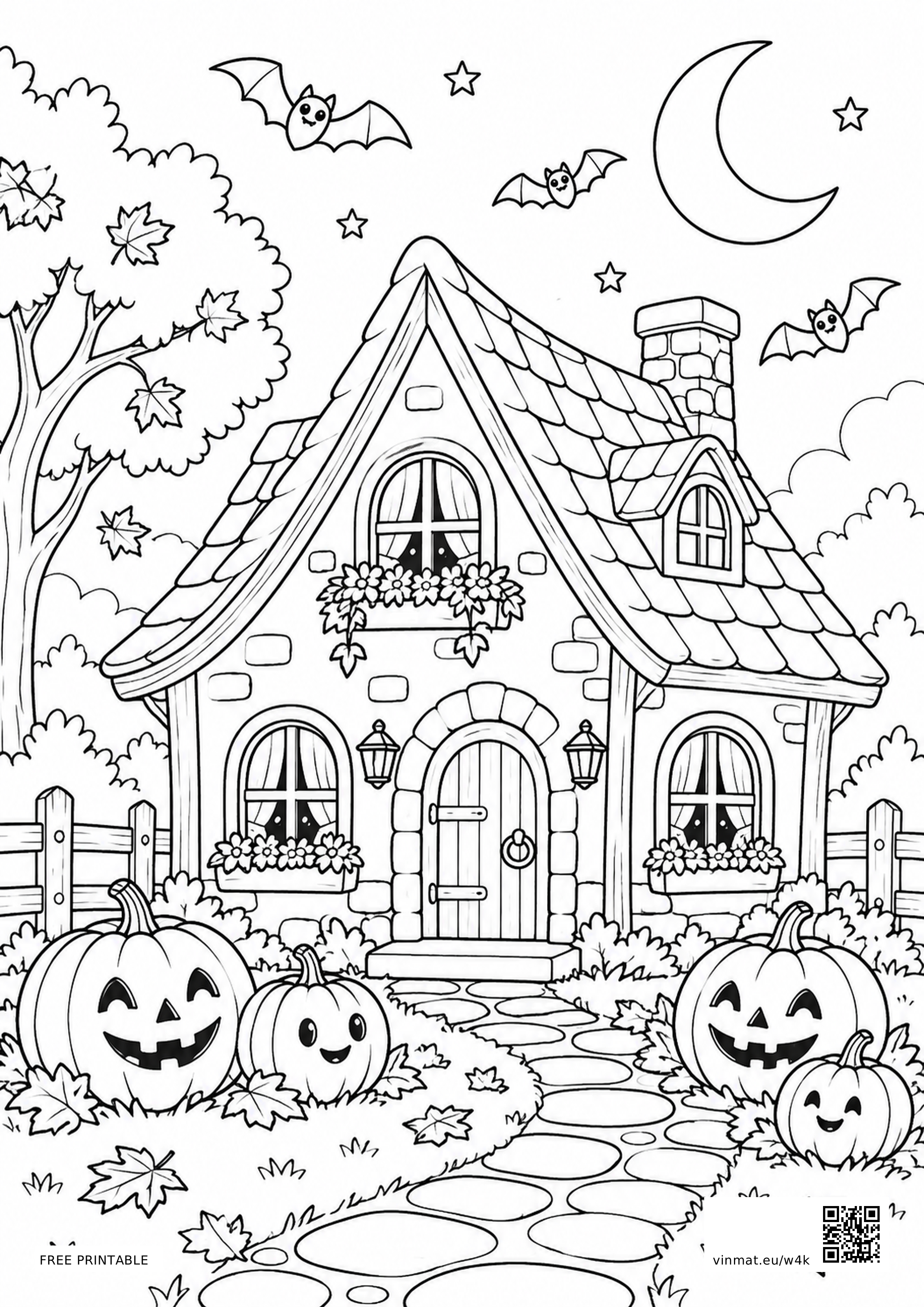 Halloween House with Pumpkins and Bats: black-and-white LV3 coloring page for ages 7–9, free to print on A4 paper.