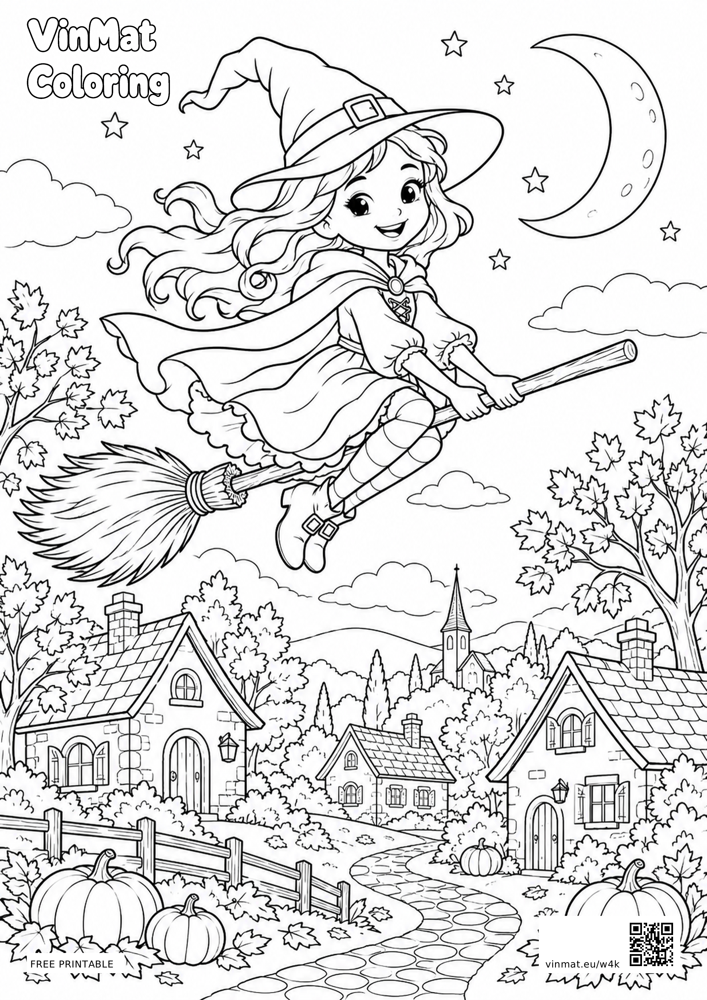 Witch Flying over an Autumn Village by the Moon: black-and-white LV3 coloring page for ages 7–9, free to print on A4 paper.