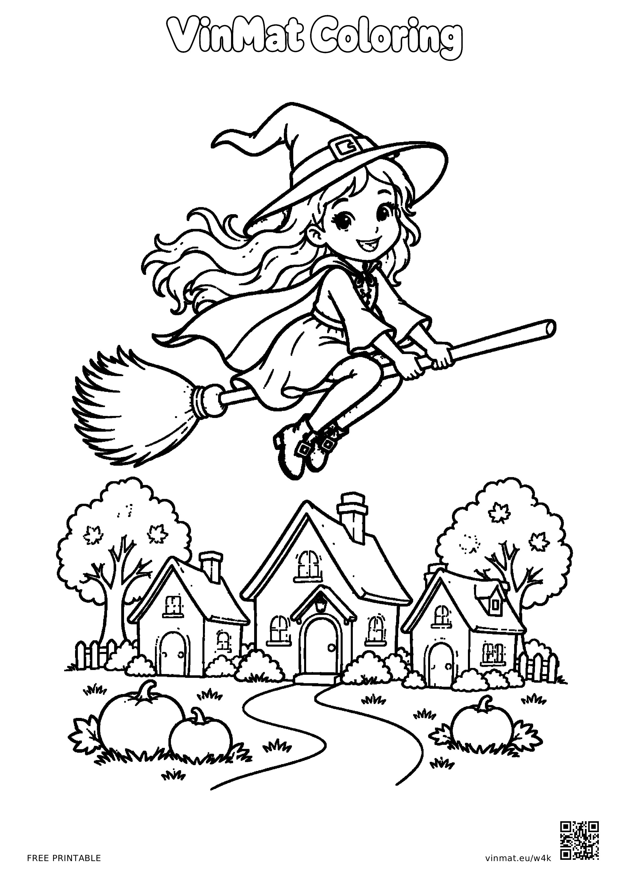 Witch Flying over an Autumn Village among Stars: black-and-white LV3 coloring page for ages 7–9, free to print on A4 paper.