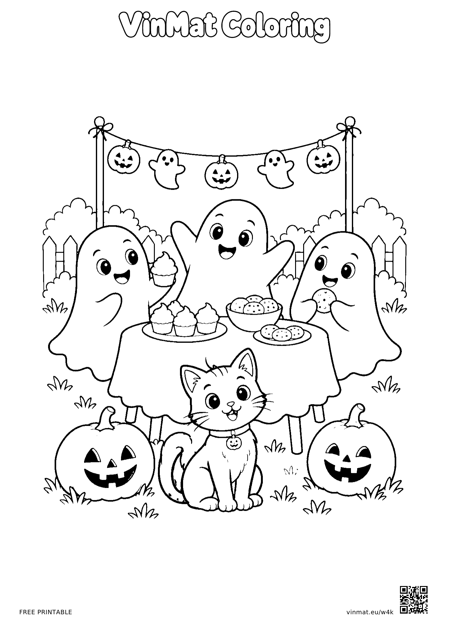 Halloween Garden Party: black-and-white LV3 coloring page for ages 7–9, free to print on A4 paper.