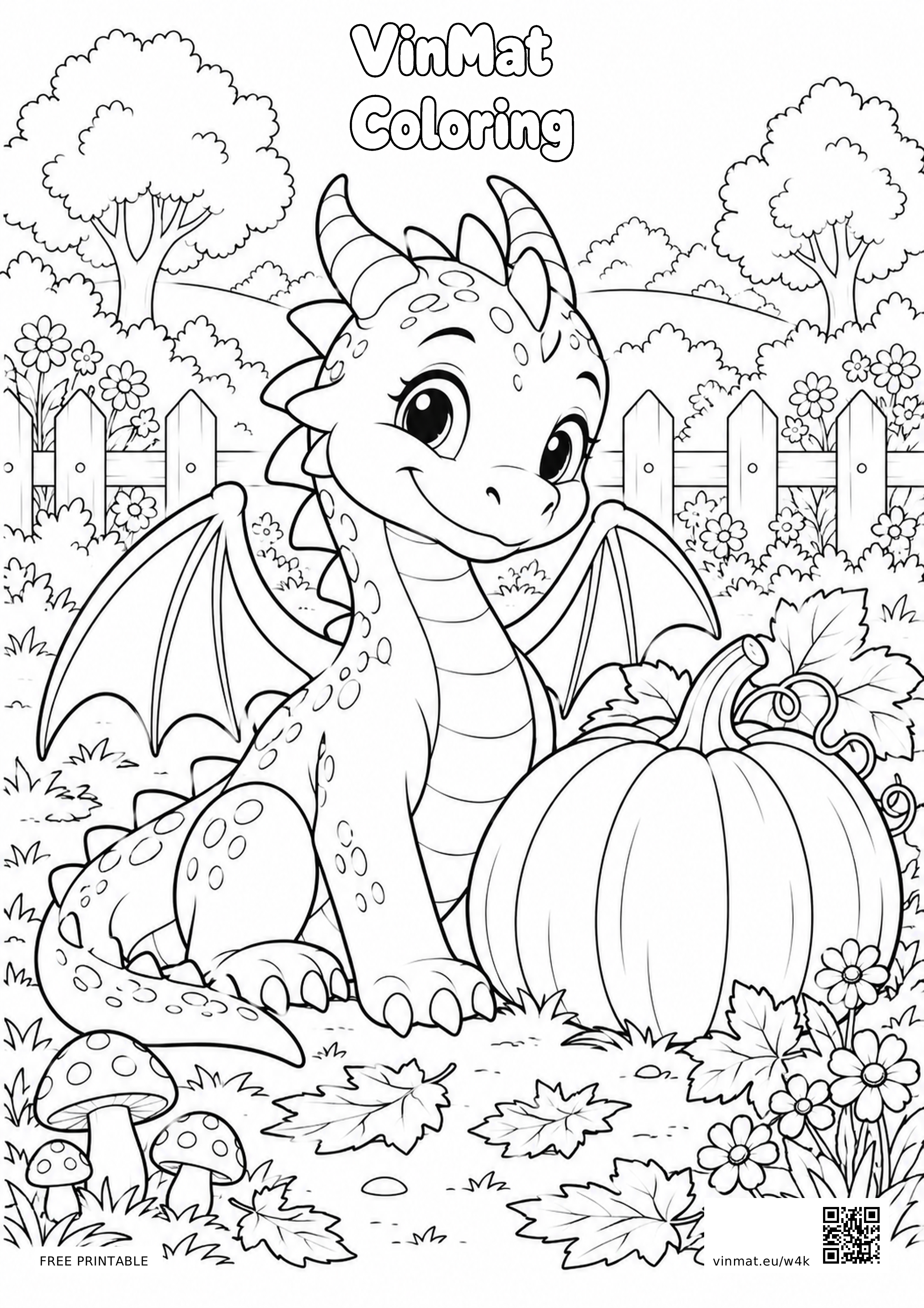Dragon Holding a Pumpkin in an Autumn Garden: black-and-white LV3 coloring page for ages 7–9, free to print on A4 paper.