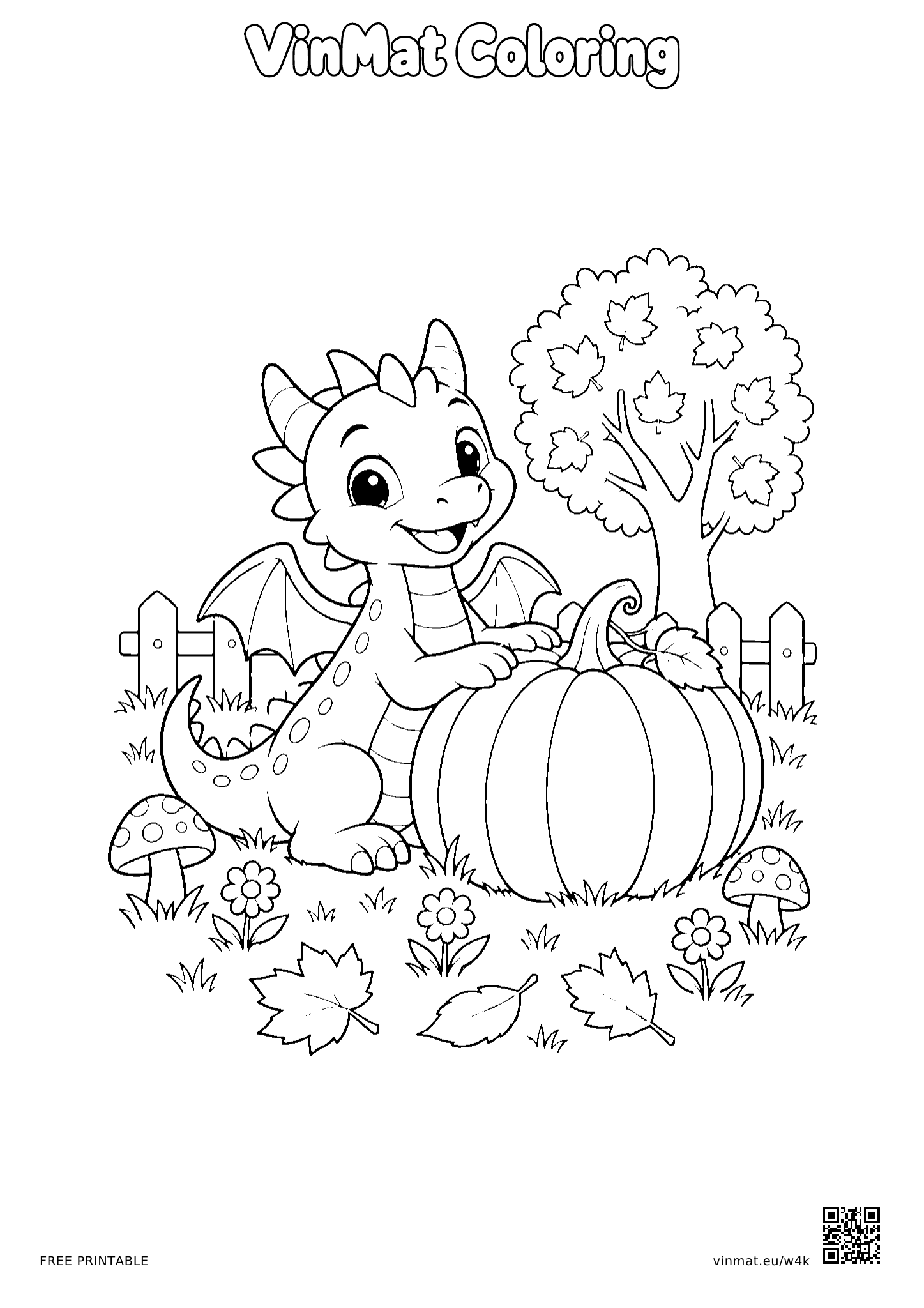 Dragon beside a Pumpkin in an Autumn Garden: black-and-white LV3 coloring page for ages 7–9, free to print on A4 paper.