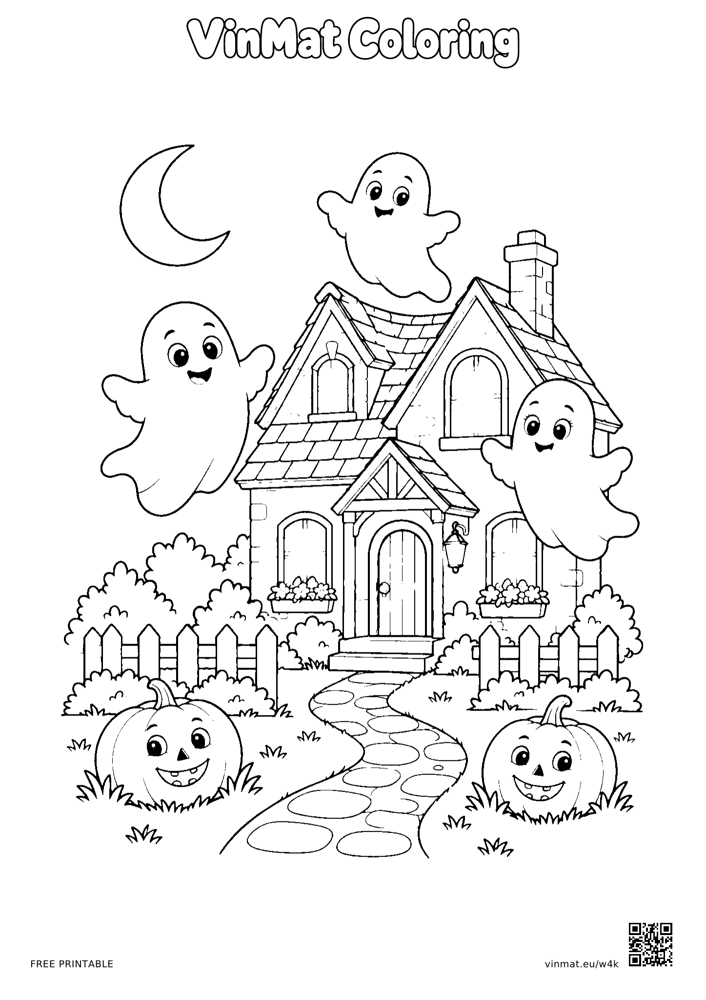 Friendly Ghosts in a Garden by an Old House: black-and-white LV3 coloring page for ages 7–9, free to print on A4 paper.