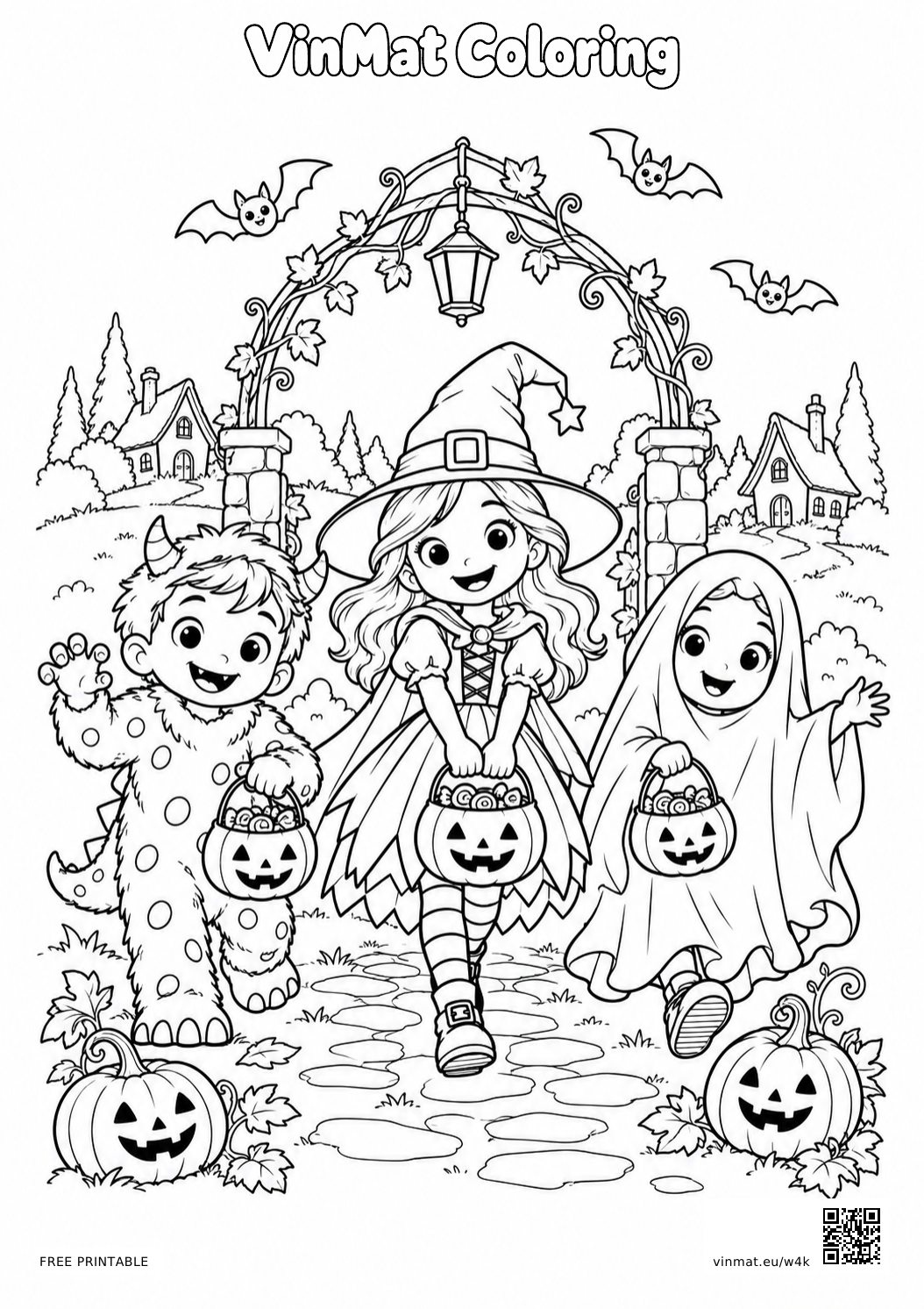 Halloween Costume Parade: black-and-white LV3 coloring page for ages 7–9, free to print on A4 paper.