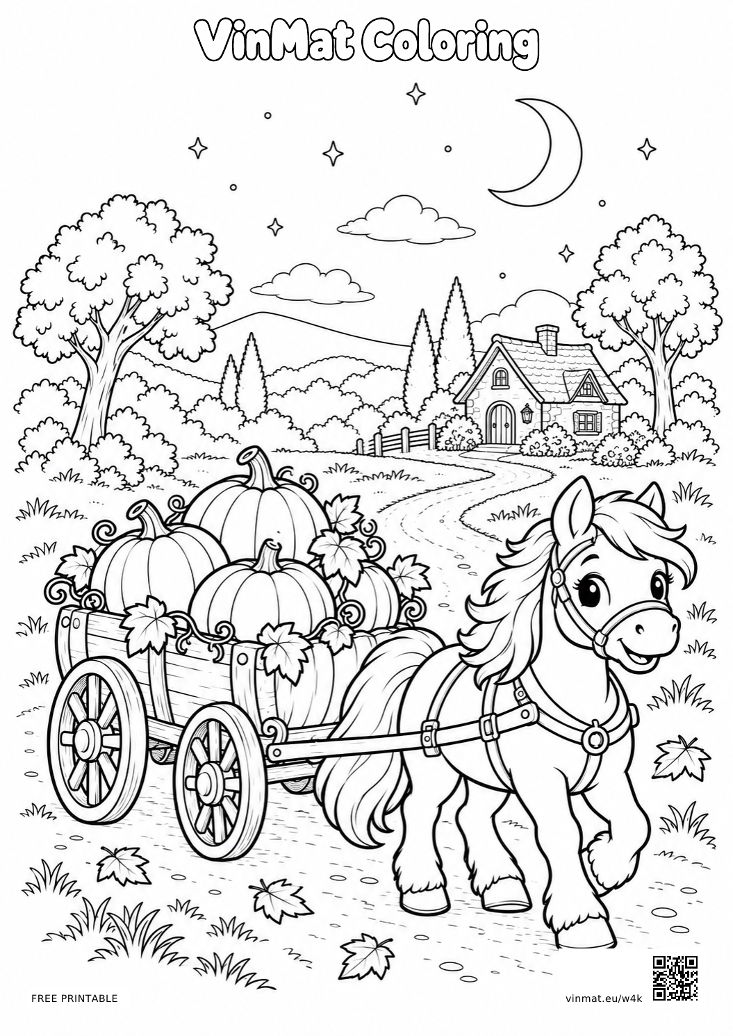 Pony Pulling a Pumpkin Wagon: black-and-white LV3 coloring page for ages 7–9, free to print on A4 paper.