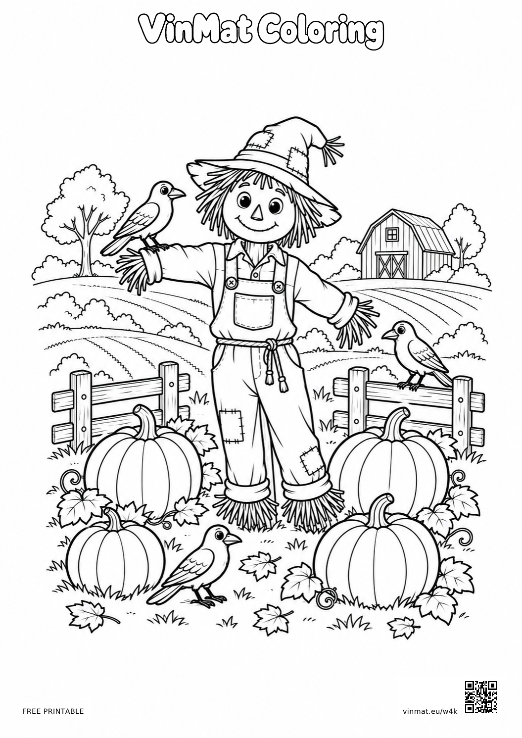Scarecrow with Crows in a Pumpkin Field: black-and-white LV3 coloring page for ages 7–9, free to print on A4 paper.