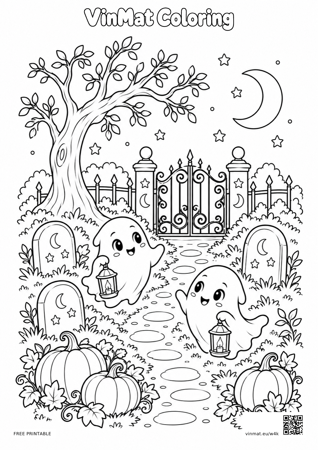 Friendly Halloween Cemetery with Ghosts: black-and-white LV3 coloring page for ages 7–9, free to print on A4 paper.