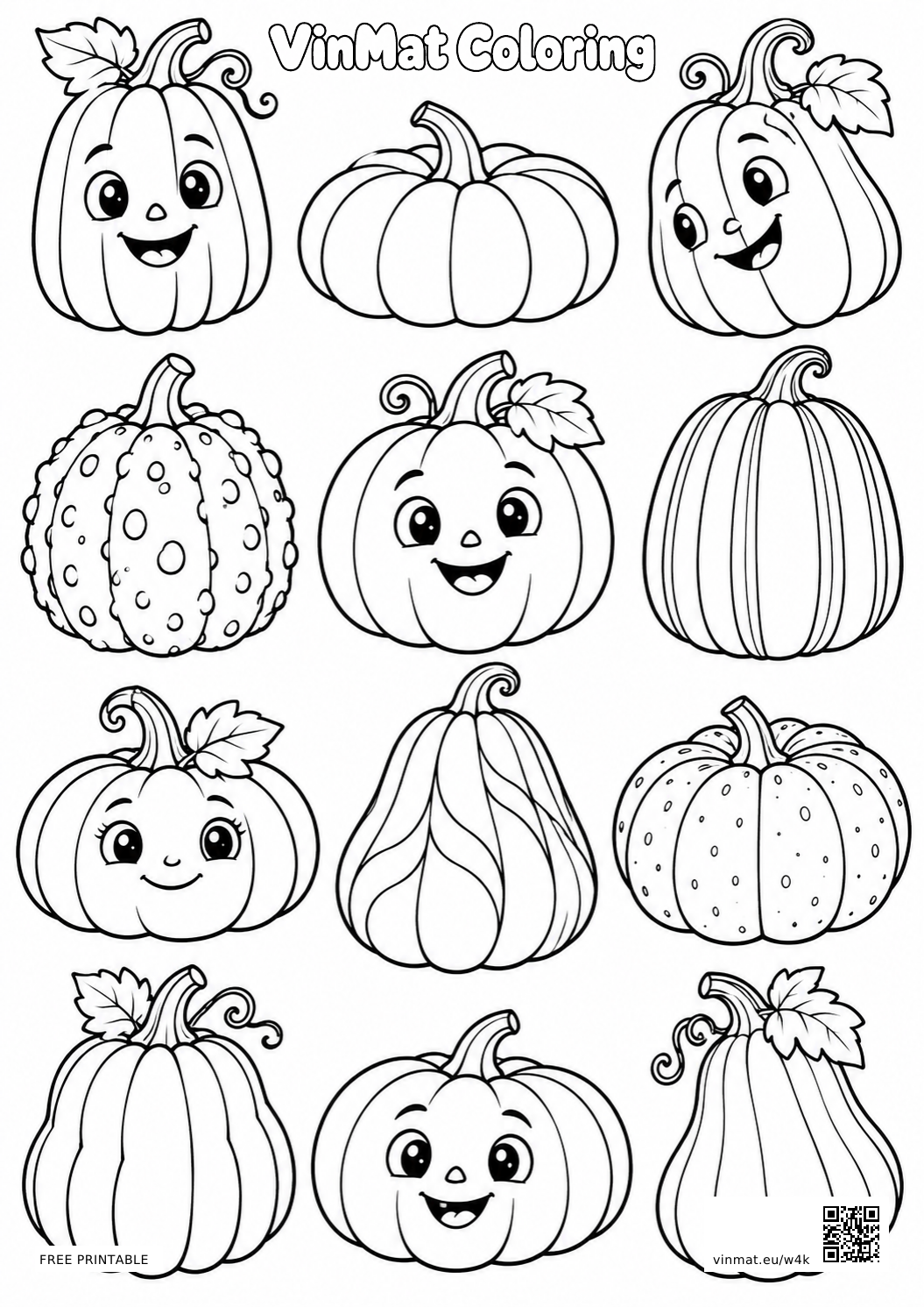Twelve Different Halloween Pumpkins: black-and-white LV3 coloring page for ages 7–9, free to print on A4 paper.