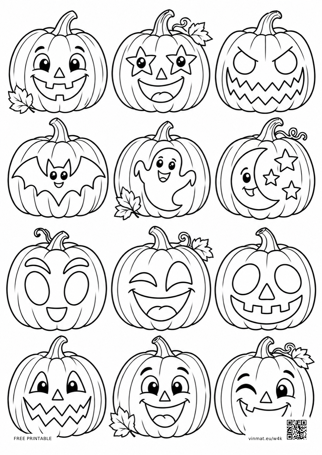 Twelve Unique Carved Halloween Pumpkins: black-and-white LV3 coloring page for ages 7–9, free to print on A4 paper.