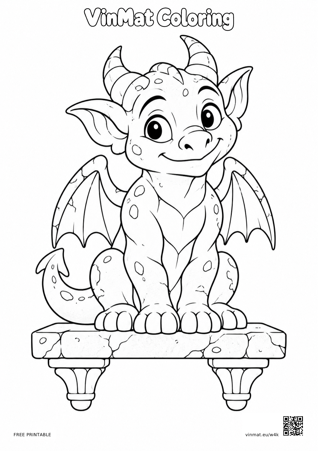 Friendly Gargoyle on a Rooftop: black-and-white LV3 coloring page for ages 7–9, free to print on A4 paper.