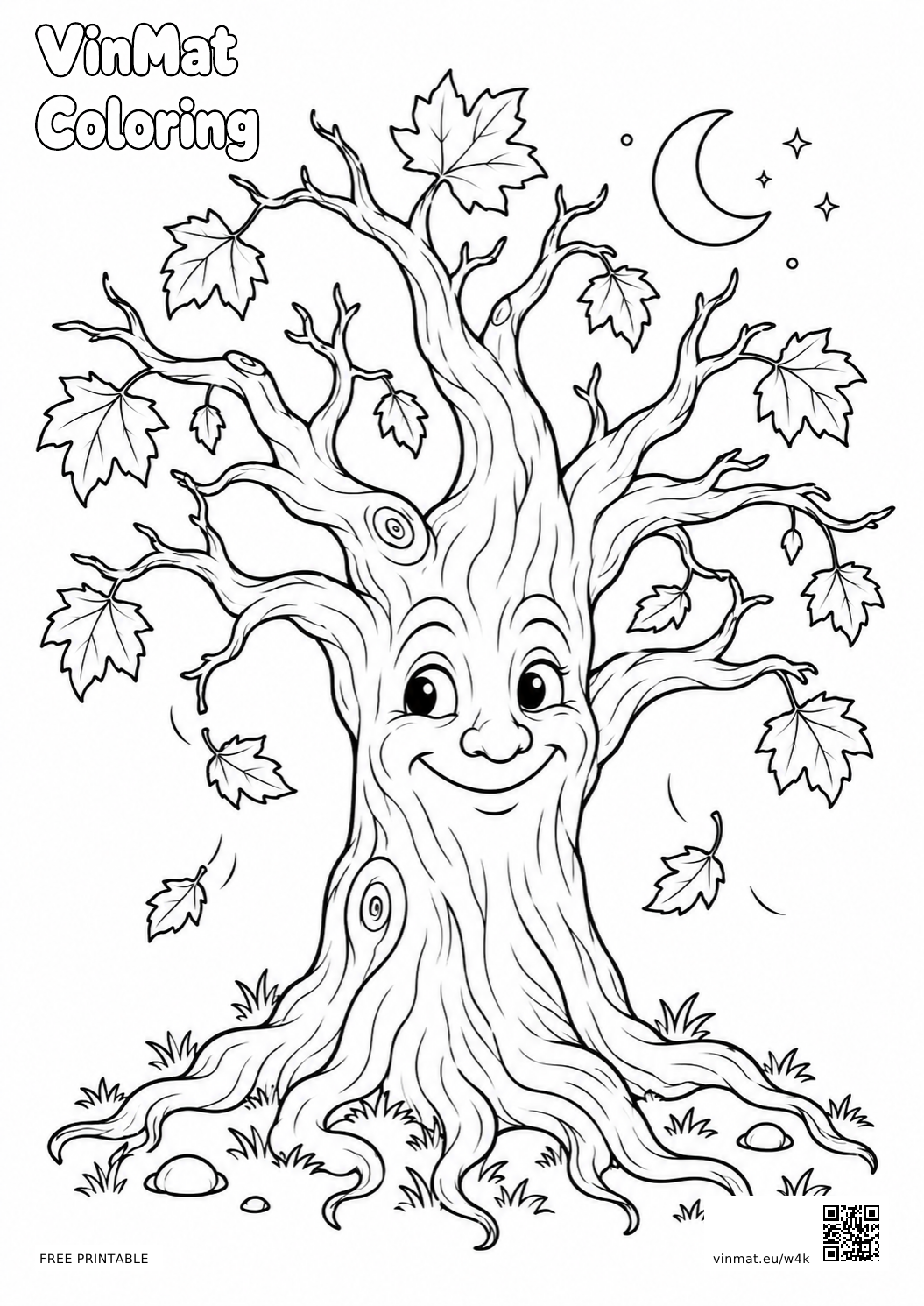 Friendly Haunted Tree: black-and-white LV3 coloring page for ages 7–9, free to print on A4 paper.