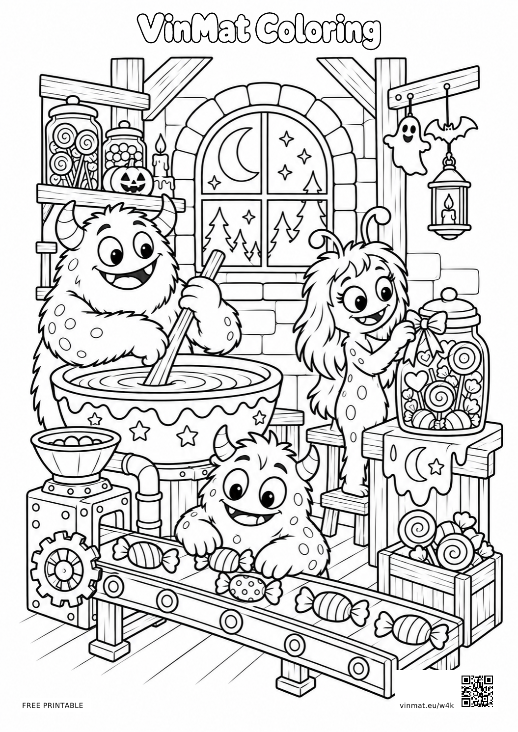 Friendly Monsters in a Halloween Candy Workshop: black-and-white LV3 coloring page for ages 7–9, free to print on A4 paper.