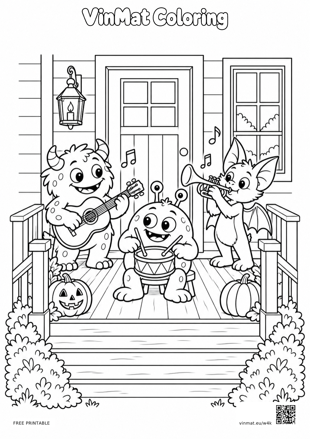 Friendly Monsters in a Halloween Band: black-and-white LV3 coloring page for ages 7–9, free to print on A4 paper.