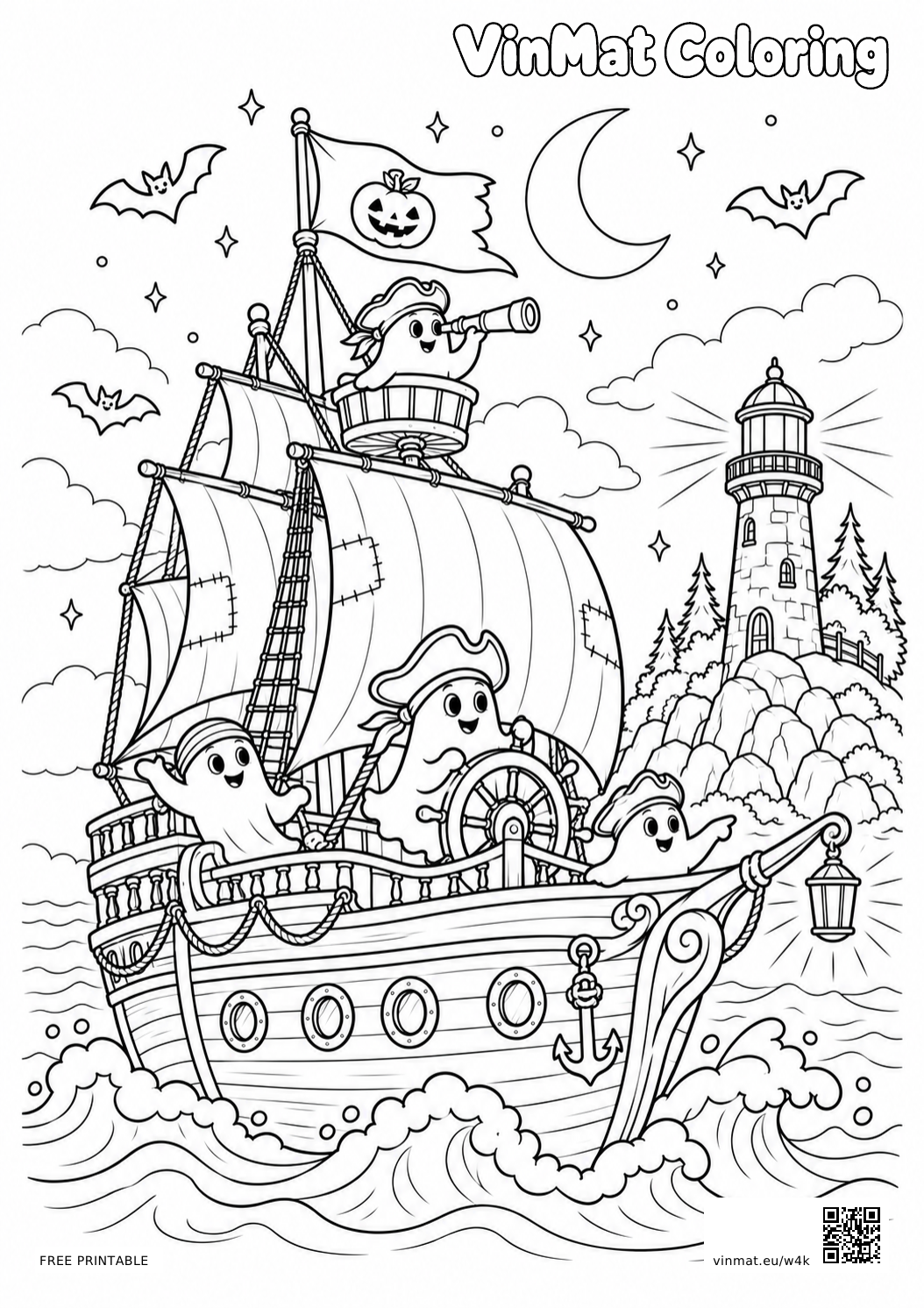 Ghost Pirate Ship by a Lighthouse: black-and-white LV3 coloring page for ages 7–9, free to print on A4 paper.